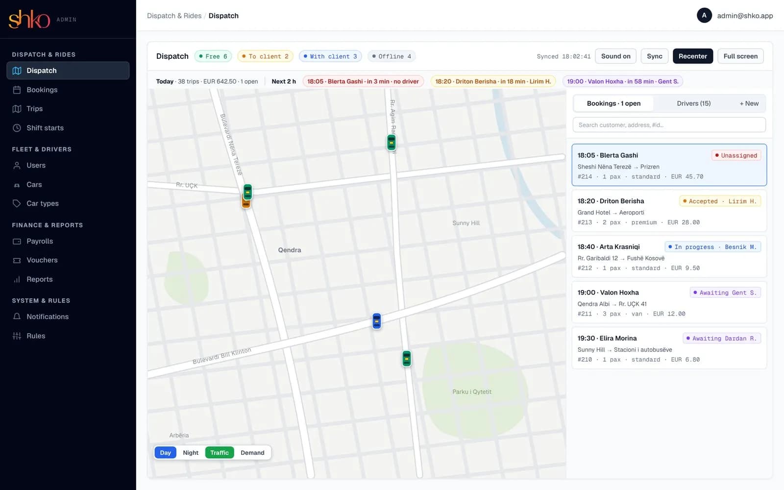 Shko dispatch console with a live fleet map and the day's bookings