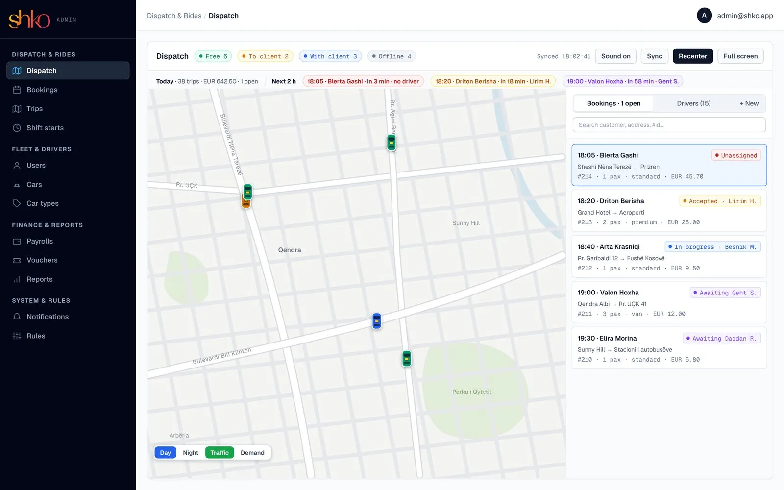 Shko dispatch console: live fleet map, today's trips and upcoming bookings