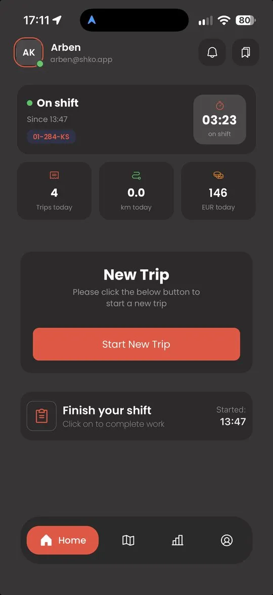 Shko driver app: active shift with trips and earnings