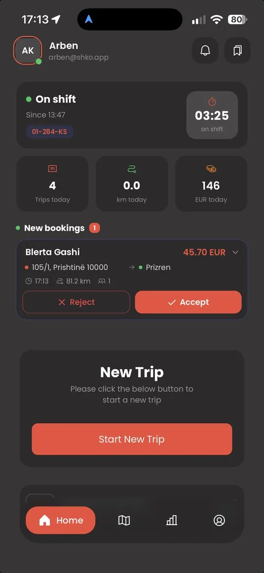 Shko driver app: incoming trip request