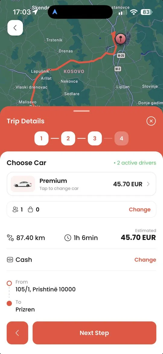 Shko passenger app: choosing a vehicle type with fares