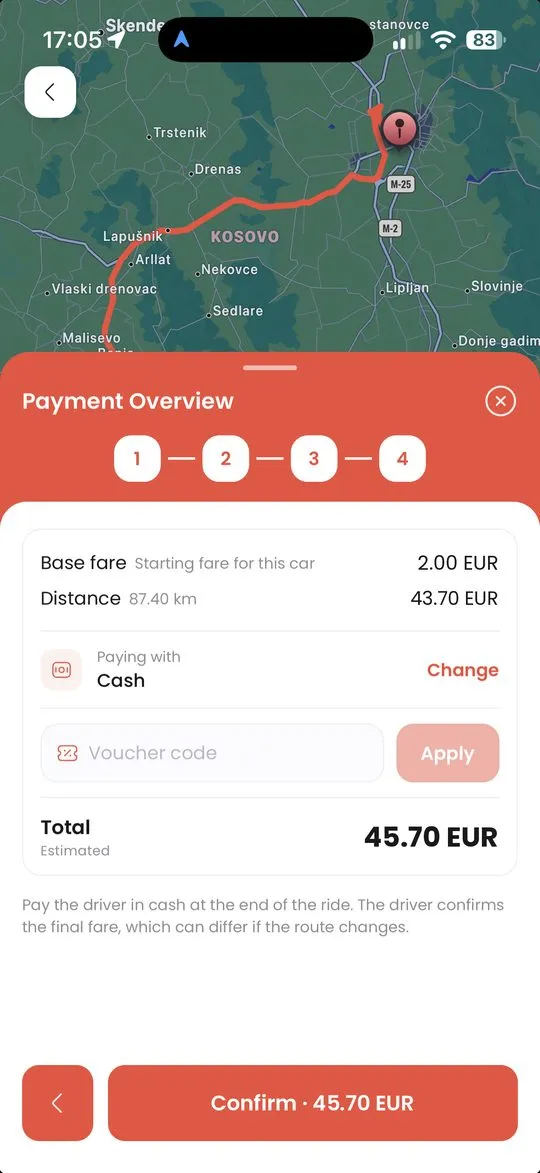 Shko passenger app: choosing cash, terminal or online card payment